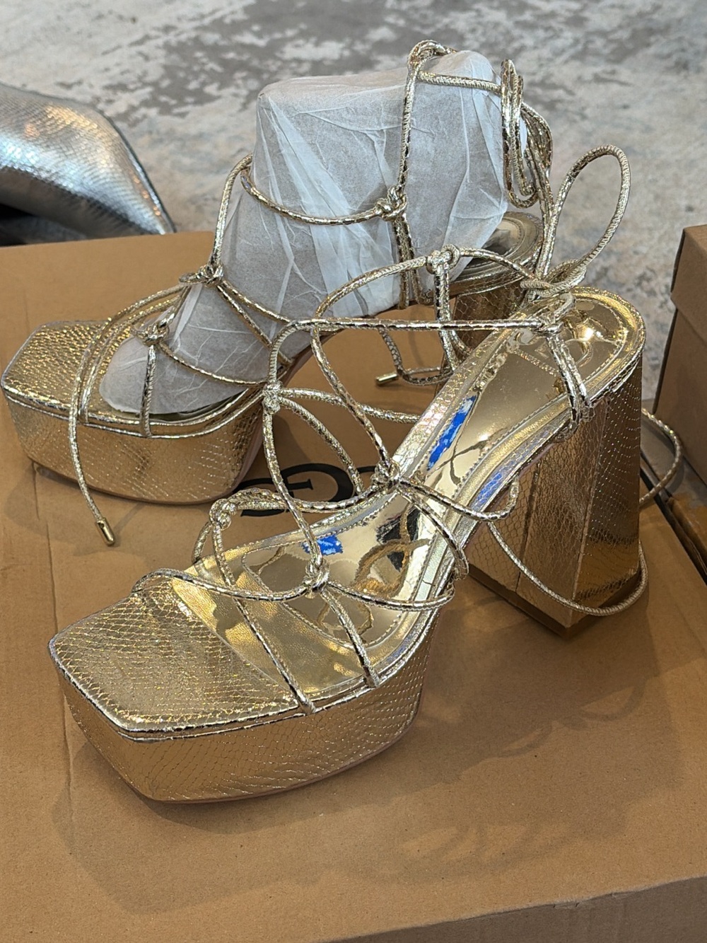 Jennifer Lopez Gold Metallic Lace-Up Platform Sandals
